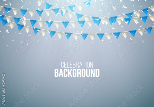 Garland flag with falling confetti. Celebration background for party  carnival  birthday or presentation. Vector illustration.