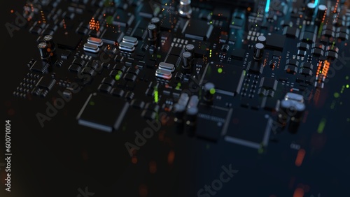 3d illustration of various chips on a printed circuit board with a vivid effect
