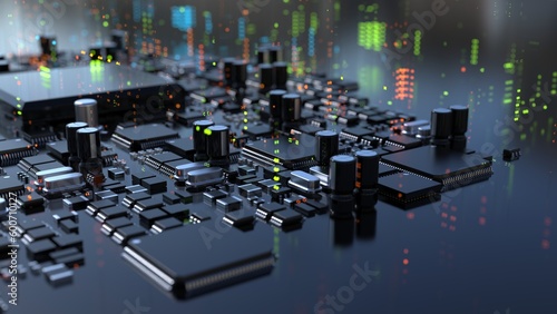 3d illustration of various chips on a printed circuit board with a vivid effect