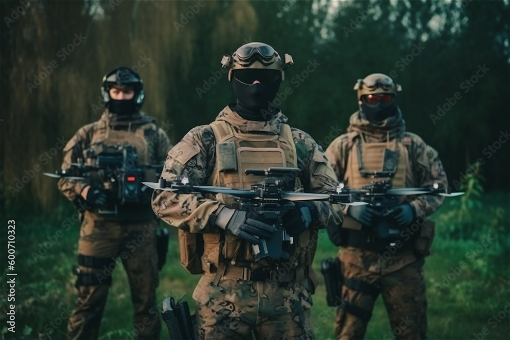 Fototapeta premium Portrait of three soldier hold drones at hands. Generative AI.