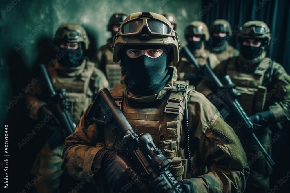 Portrait of military men. A group of soldiers. War operations, special forces. Generative AI. Portrait of military men. A group of soldiers. War operations, special forces. Generative AI.