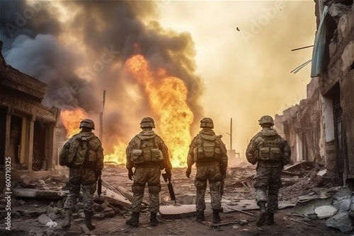 Four military men. A group of soldiers on a background city on fire.  War operations. Generative AI.