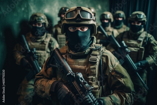 Portrait of military men. A group of soldiers. War operations, special forces. Generative AI.