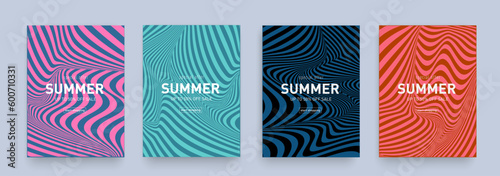 Psychedelic Summer Vintage Set With Turquoise, Pink, Red, Blue Colors. 3d Background Wavy Trippy Patterns offer 50% for Banner, Poster, Card, Cover. Abstract  Sale 70s. Vector illustration.