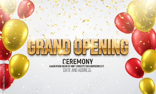 Grand opening. Banner with balloons and falling gold confetti. Ceremony presentation. Vector illustration.
