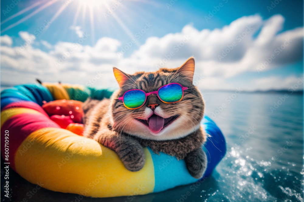 Obraz premium Happy cat in sunglasses shows tongue on an inflatable mattress in the sea, summer vacation, generated ai