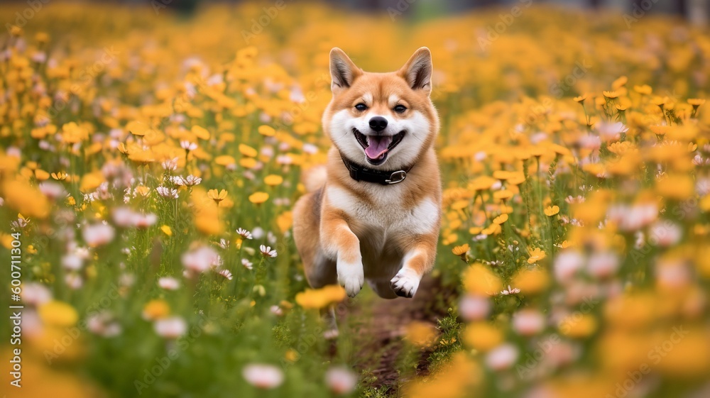 Energetic Shiba Inu Running Through a Field of Flowers Energetic Shiba Inu Running Through a Field of Flowers