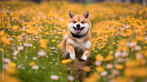 Energetic Shiba Inu Running Through a Field of Flowers