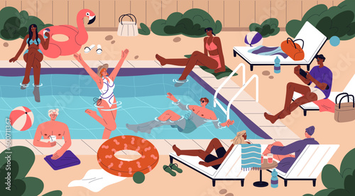 People relaxing by pool on summer holiday, vacation. Happy young men, women swimming in water, sunbathing, resting on sunbeds at weekend. Summertime leisure, relaxation. Flat vector illustration