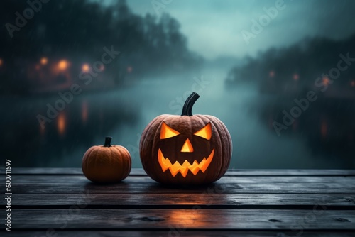 Halloween spooky pumpkin lake fog. Generate Ai