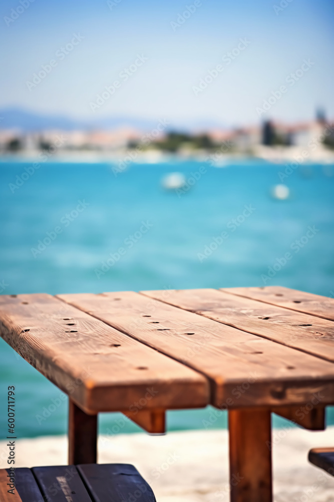 Wooden table blurred Croatian sea in Vodice background. AI generative Wooden table blurred Croatian sea in Vodice background. AI generative