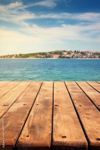 Wooden table blurred Croatian sea in Vodice background. AI generative