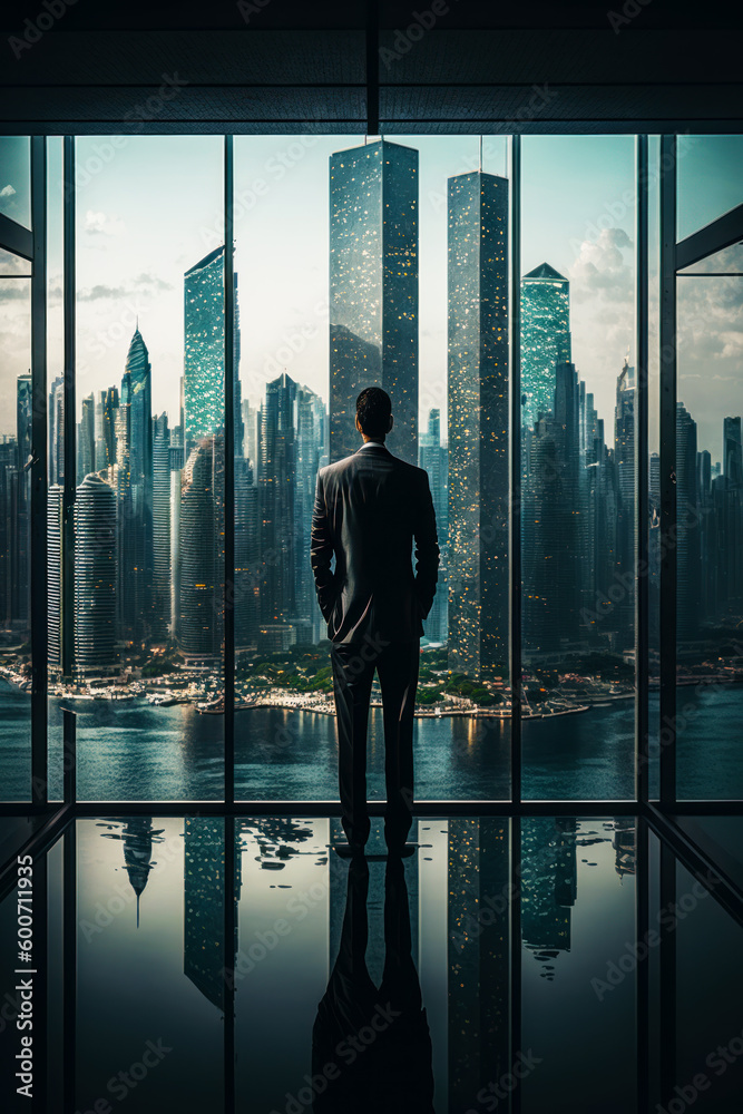 Man in suit standing in front of window looking at city. Generative AI.