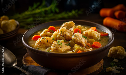 Bowl of chicken stew with carrots, celery, and potatoes. Generative AI.