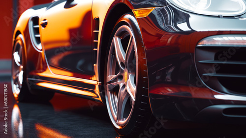 Close up of red sports car's wheels and rims. Generative AI. © valentyn640