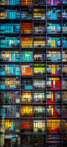 Multicolored building with many windows and balconies at night. Generative AI.