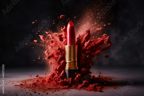 Red lipstick is spilling out of pile of red powder on black background. Generative AI.