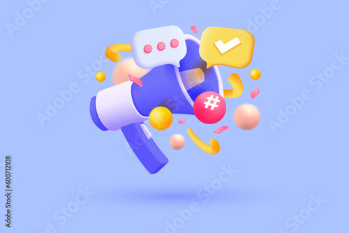 3d megaphone speaker or loudspeaker for announce. Comment reply is false, correct, problem, fail notice and announcement with 3d speech bubbles. 3d vector render illustration