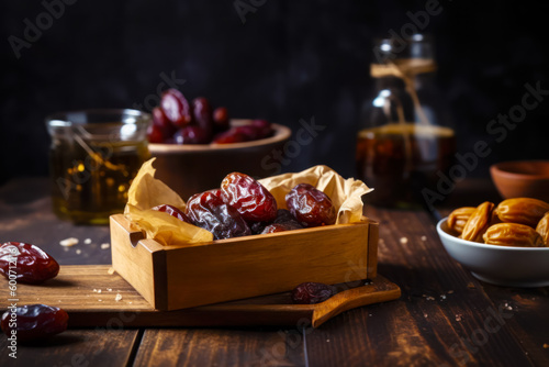 Wooden box filled with dates next to bowl of dates. Generative AI. © valentyn640