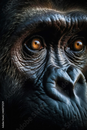 Close up of monkey's face with very intense look. Generative AI. © valentyn640