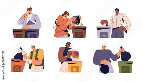 Separating garbage, sorting waste. People throwing trash bags to dumpsters. Collecting, segregating rubbish, refuse, junk. Ecology concept. Flat vector illustrations isolated on white background