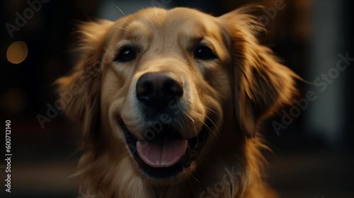 A close-up of a golden retriever's face, looking at the camera with a happy expression and its tongue out. Generative AI