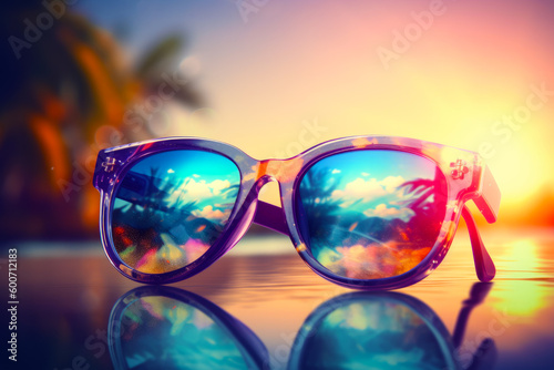 Pair of sunglasses sitting on top of table next to palm tree. Generative AI.