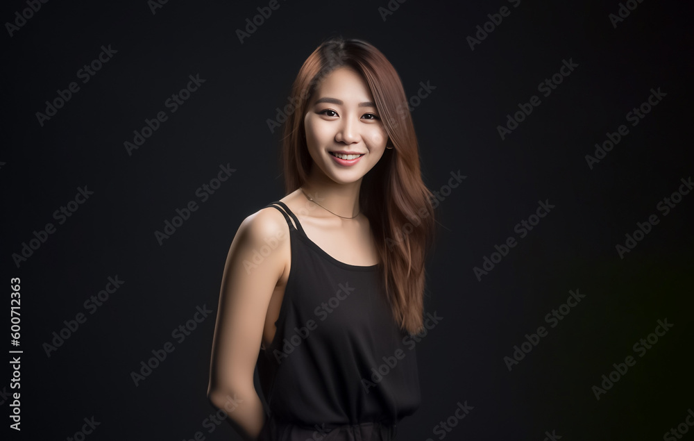 Asian woman is elegantly posing in a sleek black top and cloth against a pitch-black background, her captivating smile shining through. generative AI. Asian woman is elegantly posing in a sleek black top and cloth against a pitch-black background, her captivating smile shining through. generative AI.