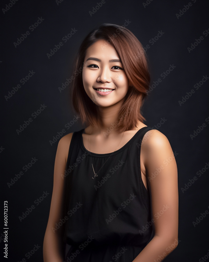 Asian woman is elegantly posing in a sleek black top and cloth against a pitch-black background, her captivating smile shining through. generative AI. Asian woman is elegantly posing in a sleek black top and cloth against a pitch-black background, her captivating smile shining through. generative AI.