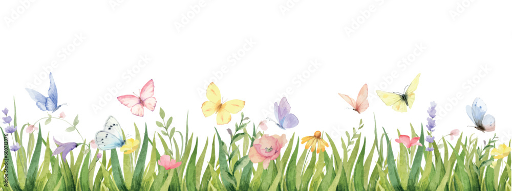 Watercolor vector border with butterflys, green grass and wildflowers ...