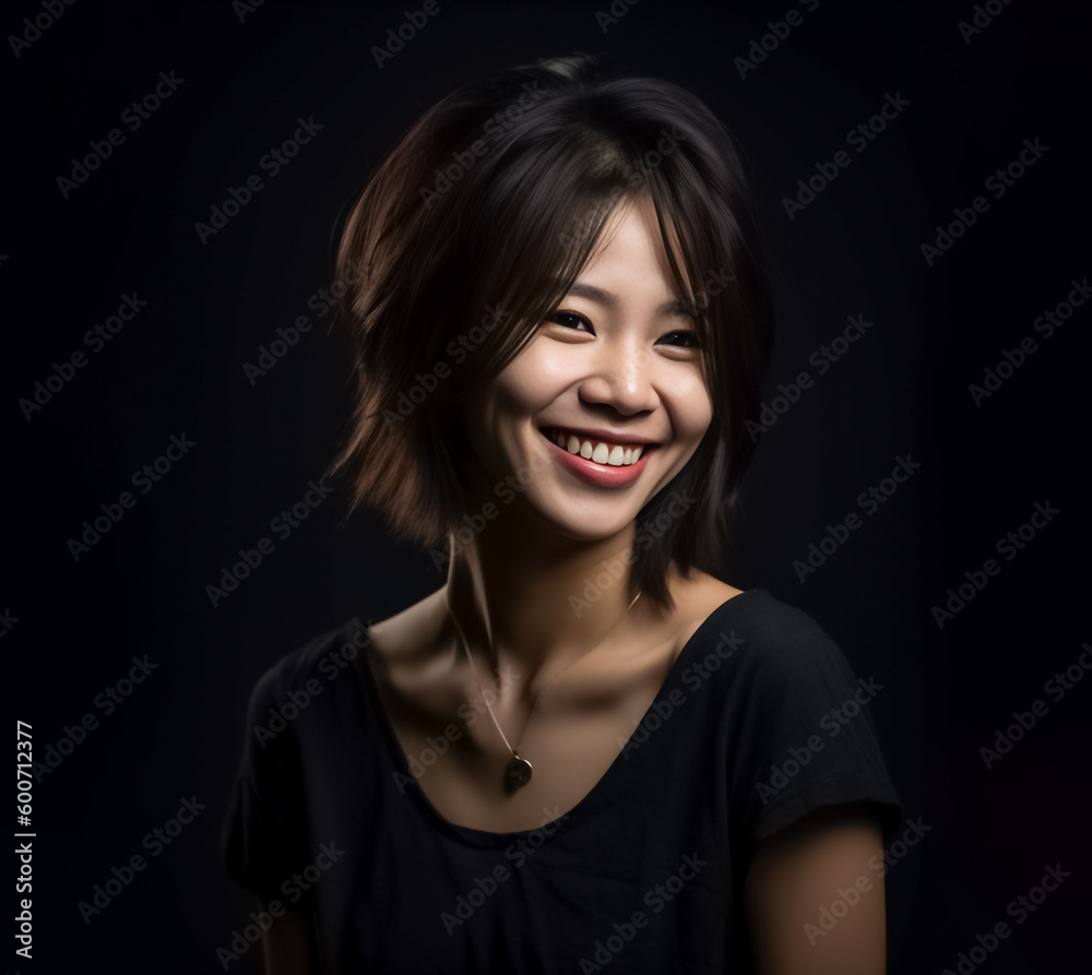 Asian woman is elegantly posing in a sleek black top and cloth against a pitch-black background, her captivating smile shining through. generative AI. Asian woman is elegantly posing in a sleek black top and cloth against a pitch-black background, her captivating smile shining through. generative AI.