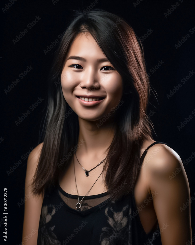 Asian woman is elegantly posing in a sleek black top and cloth against a pitch-black background, her captivating smile shining through. generative AI.