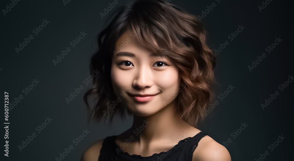 Asian woman is elegantly posing in a sleek black top and cloth against a pitch-black background, her captivating smile shining through. generative AI. Asian woman is elegantly posing in a sleek black top and cloth against a pitch-black background, her captivating smile shining through. generative AI.