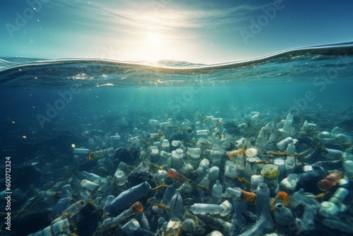 Plastic water bottles ocean underwater. Generate Ai © nsit0108