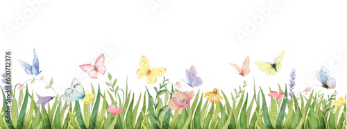 Watercolor vector border with butterflys, green grass and wildflowers.