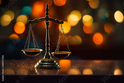 Scale of justice on bokeh background