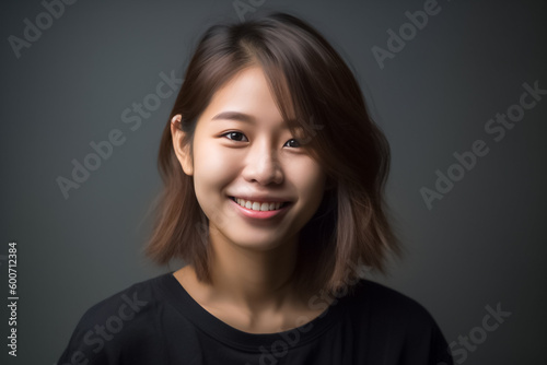 Asian woman is elegantly posing in a sleek black top and cloth against a pitch-black background, her captivating smile shining through. generative AI. © Surachetsh
