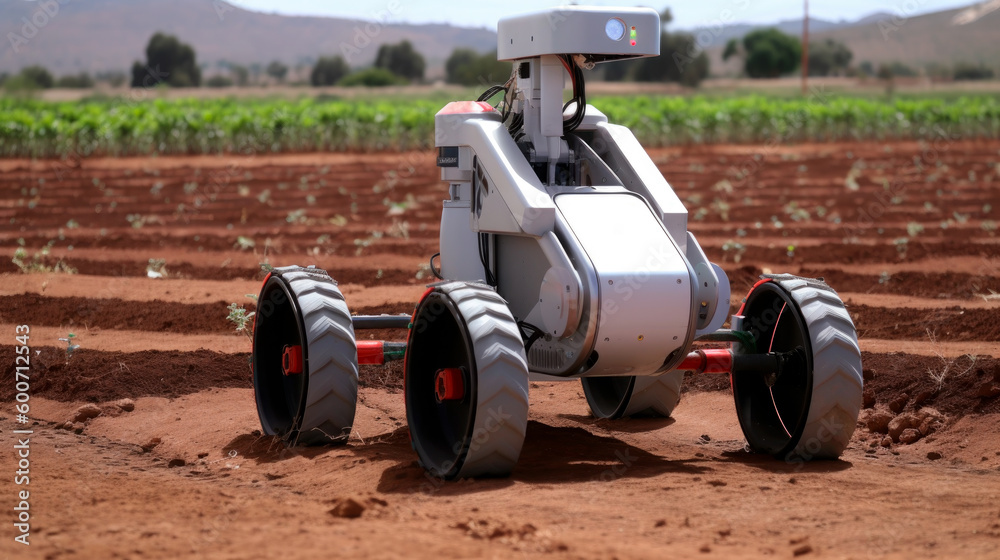 Generative AI illustration of a Futuristic robot at work on a farm Generative AI illustration of a Futuristic robot at work on a farm