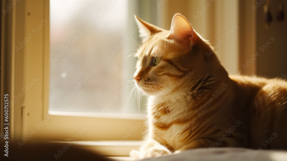 Close up of cat laying on window sill near window. Generative AI.