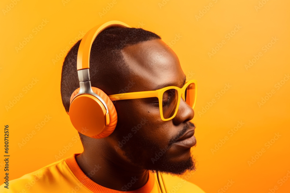 Generative AI illustration of a Cropped view of black man in orange glasses and headphones listening to music against yellow background Generative AI illustration of a Cropped view of black man in orange glasses and headphones listening to music against yellow background