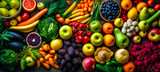 Table topped with lots of different types of fruits and veggies. Generative AI.