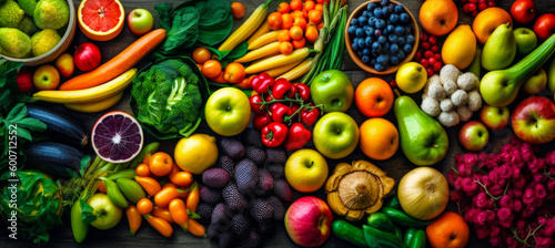 Table topped with lots of different types of fruits and veggies. Generative AI. © valentyn640
