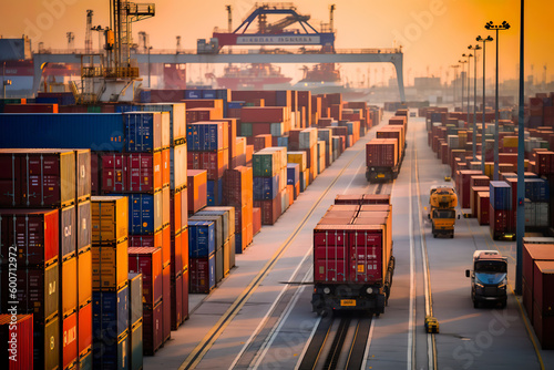 Container truck in ship port for business Logistics and transportation