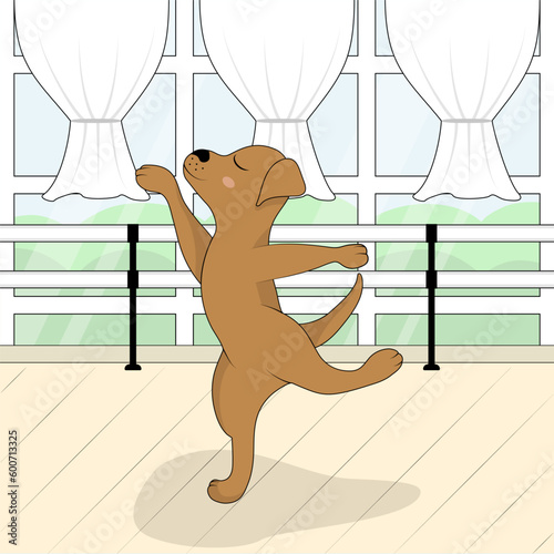 Cute dancing dog. Cartoon animal character works as a dancer and rehearsing in the dance hall. Profession, occupation, job flat vector illustration.
