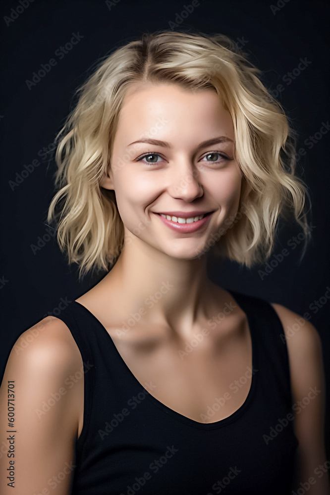 A smiling beautiful young blond American European woman posing in a black top and black cloth on a black background.
