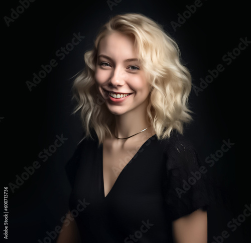 A smiling beautiful young blond American European woman posing in a black top and black cloth on a black background.