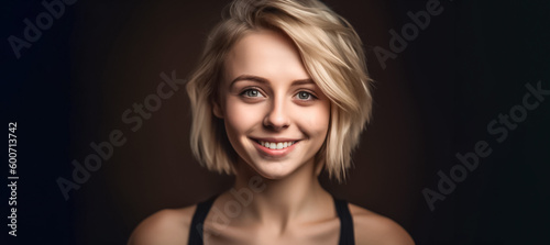 A smiling beautiful young blond American European woman posing in a black top and black cloth on a black background.