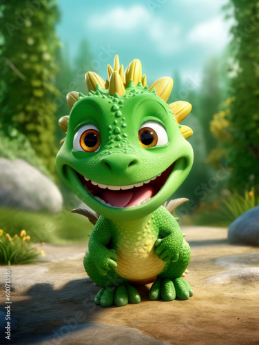 Funny cute green dragon in spring season