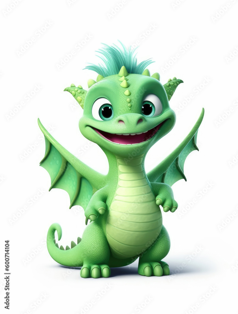 Funny cute green dragon isolated on white background