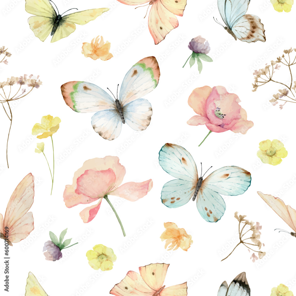 Wildflowers and Butterflies Watercolor vector seamless pattern.